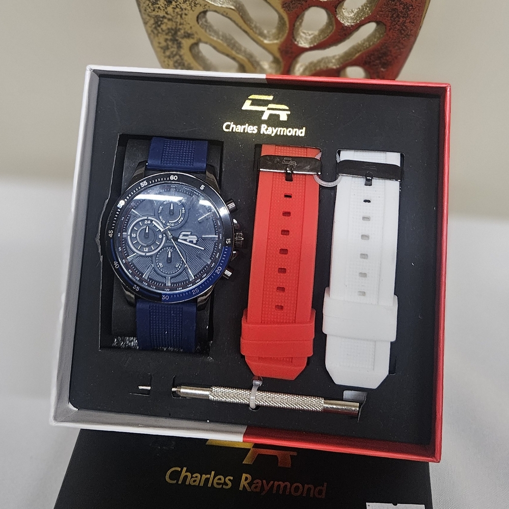 Charles Raymond Blue Watch with Red and White Straps